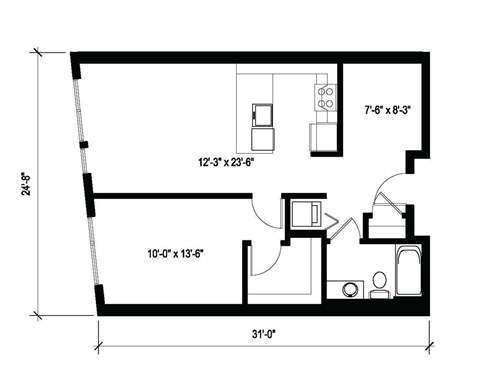 A floor plan of a room with dimensions and furniture layout.